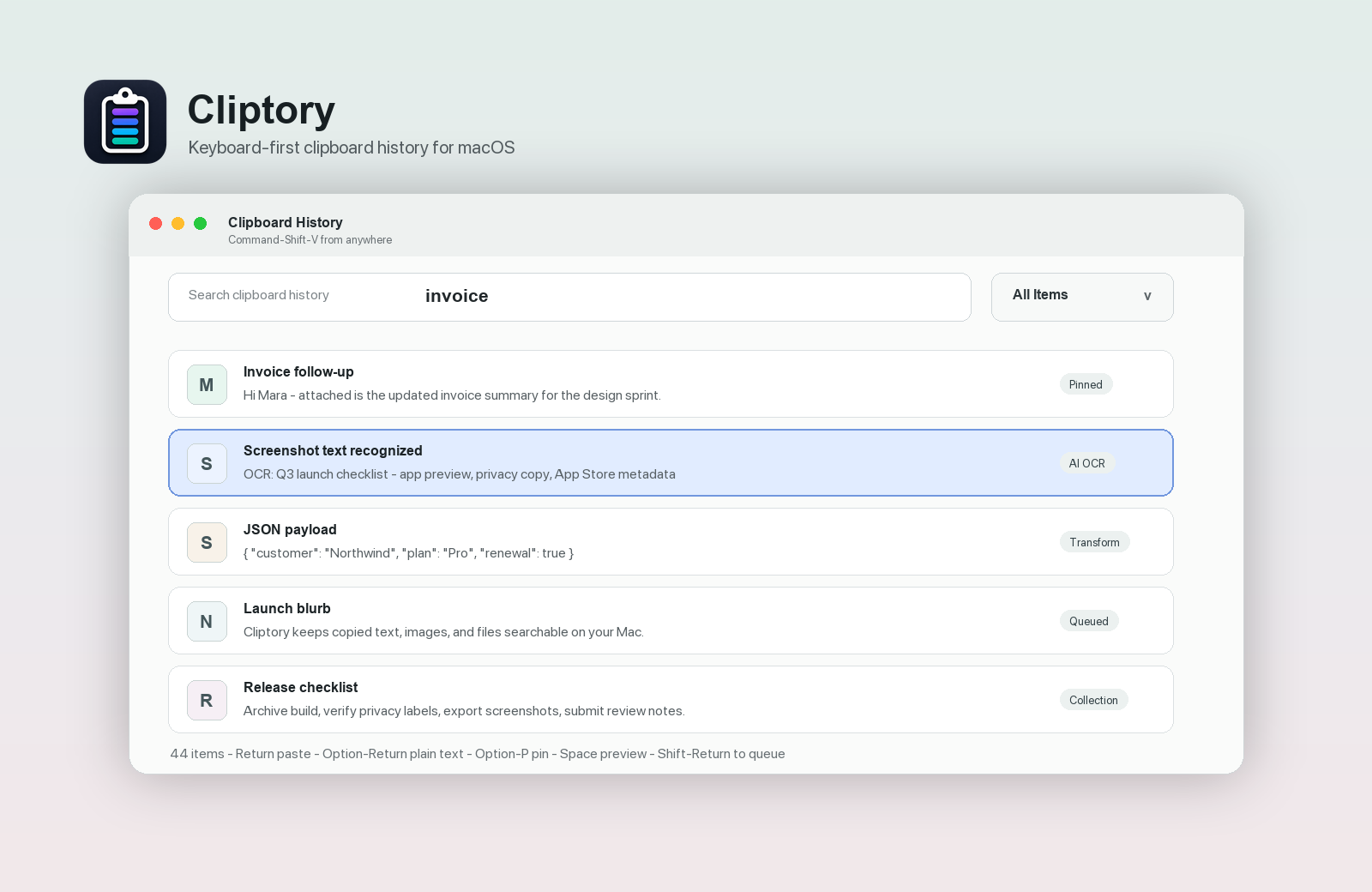 Cliptory clipboard history window with search and saved content.